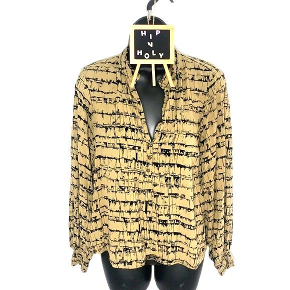 Maeve Anthropologie Striped Pattern Print Half Button Down Blouse Tan Black XS - Picture 2 of 12